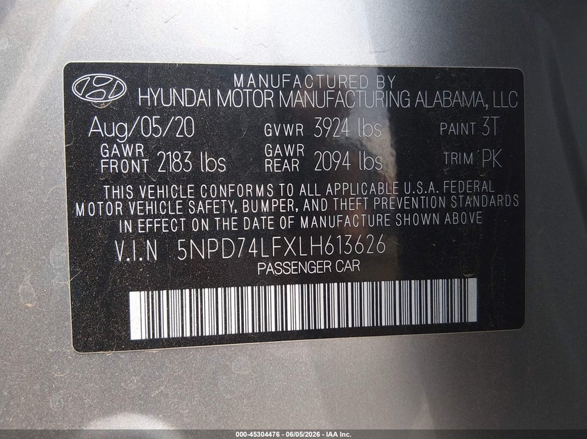 VIN 5NPD74LFXLH613626 2020 HYUNDAI ELANTRA SE