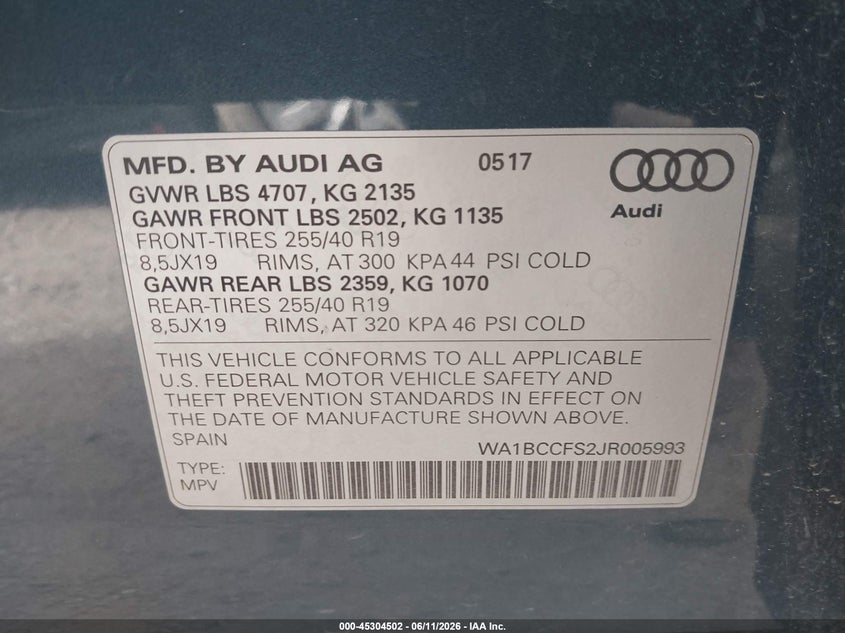 2018 Audi Q3 2.0T Premium/2.0T Sport Premium VIN: WA1BCCFS2JR005993 Lot: 45304502
