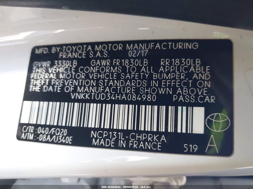 2017 Toyota Yaris L VIN: VNKKTUD34HA084980 Lot: 45304544
