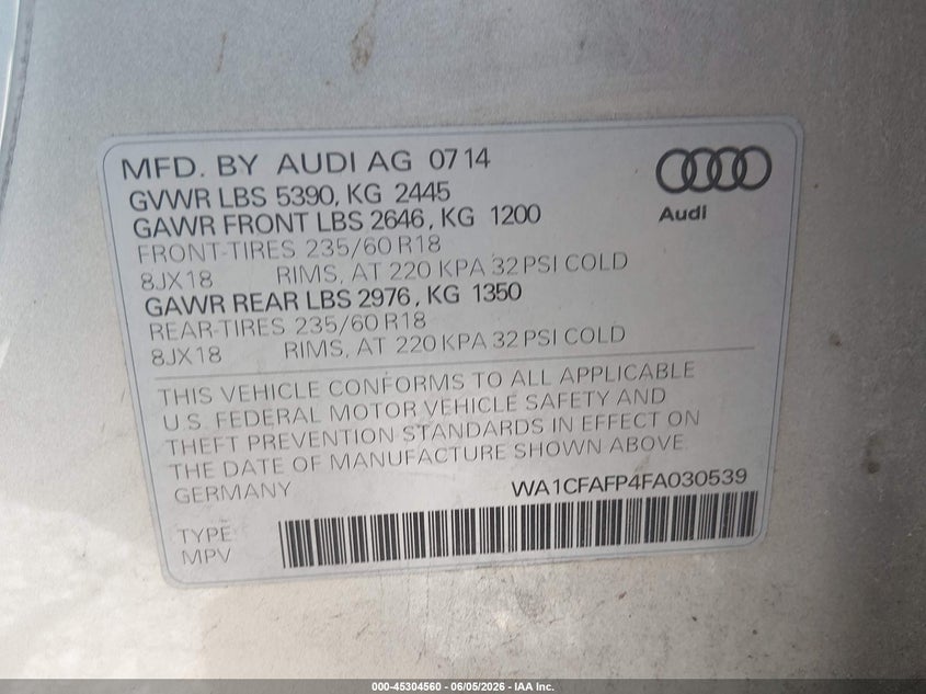 2015 Audi Q5 2.0T Premium VIN: WA1CFAFP4FA030539 Lot: 45304560