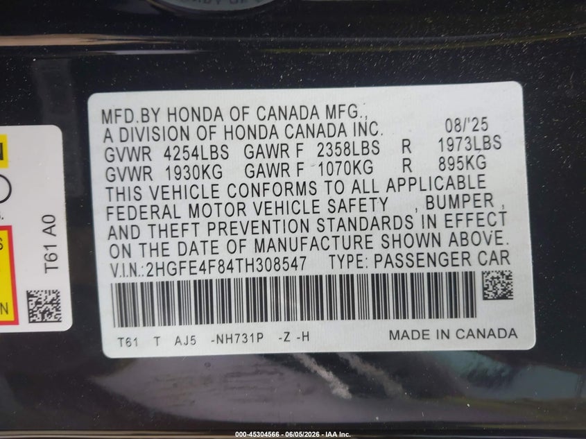 2026 HONDA CIVIC HYBRID 2.0L I-4 DI, DOHC, V(VIN: 2HGFE4F84TH308547