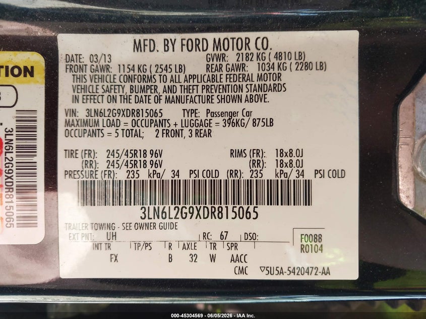 2013 Lincoln Mkz VIN: 3LN6L2G9XDR815065 Lot: 45304569