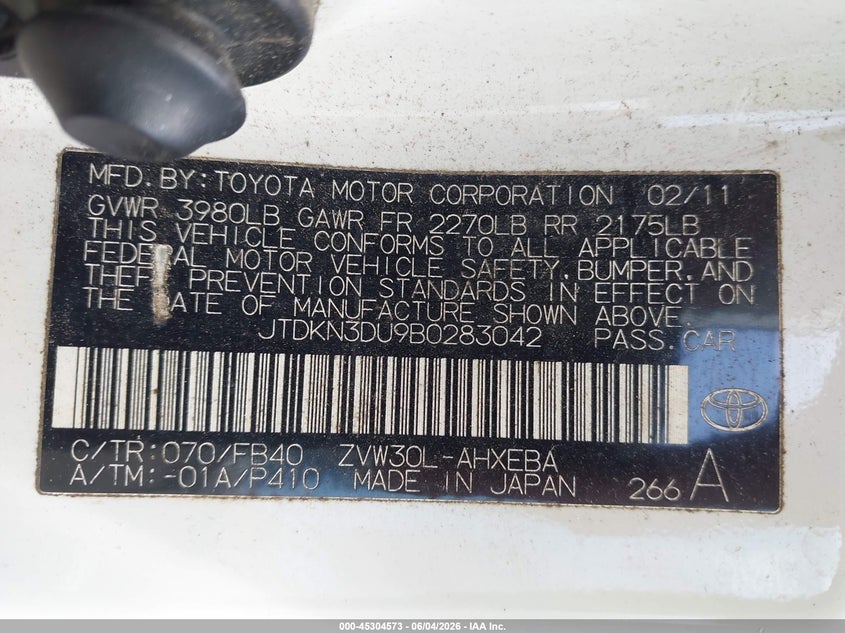 2011 Toyota Prius Two VIN: JTDKN3DU9B0283042 Lot: 45304573