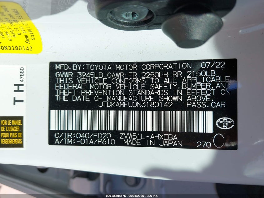 2022 Toyota Prius Le VIN: JTDKAMFU0N3180142 Lot: 45304575