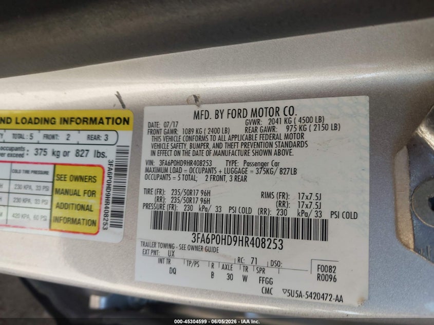 2017 Ford Fusion Se VIN: 3FA6P0HD9HR408253 Lot: 45304599