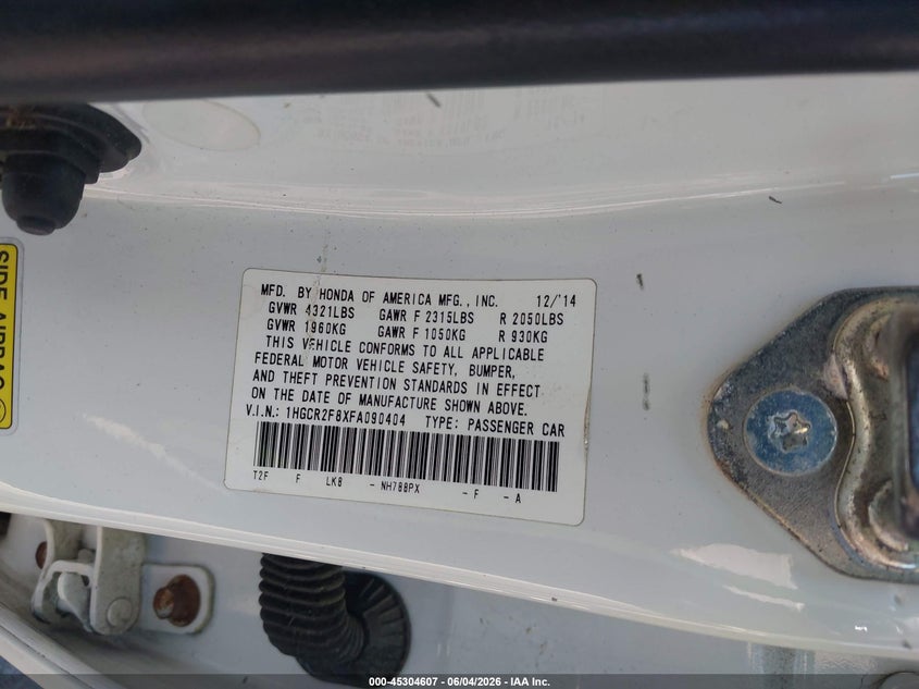 2015 Honda Accord Ex-L VIN: 1HGCR2F8XFA090404 Lot: 45304607