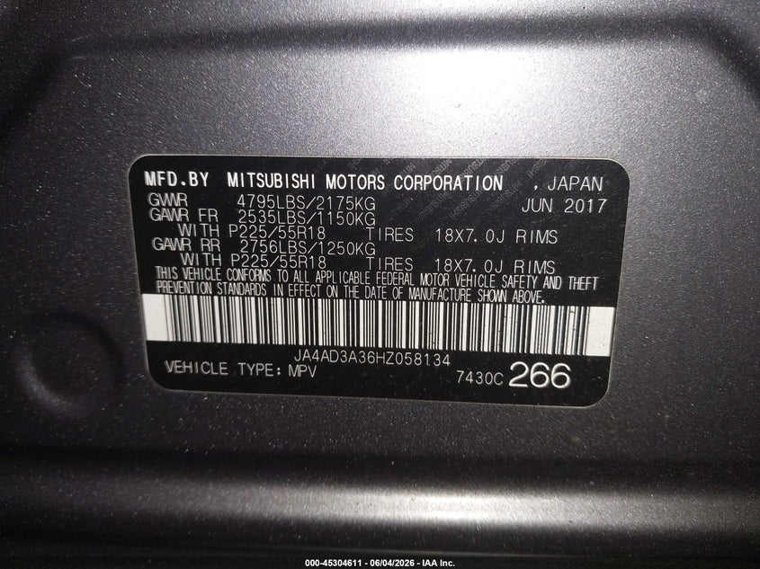 2017 Mitsubishi Outlander Se VIN: JA4AD3A36HZ058134 Lot: 45304611