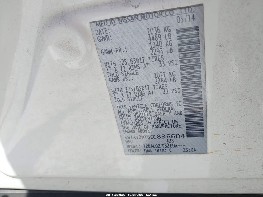 2014 Nissan Rogue Sv VIN: 5N1AT2MT6EC836604 Lot: 45304625