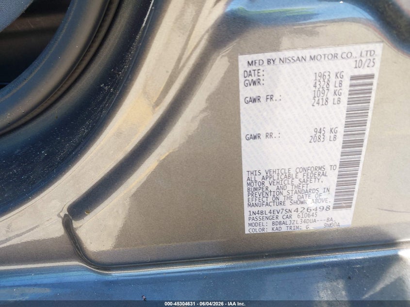 2025 Nissan Altima Sl Fwd VIN: 1N4BL4EV7SN426498 Lot: 45304631