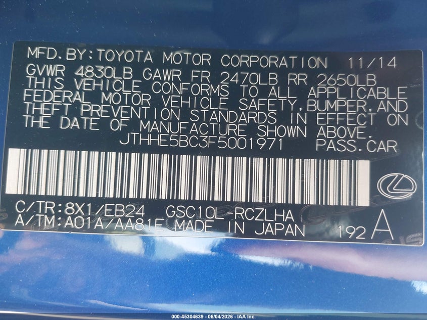 2015 Lexus Rc 350 VIN: JTHHE5BC3F5001971 Lot: 45304639