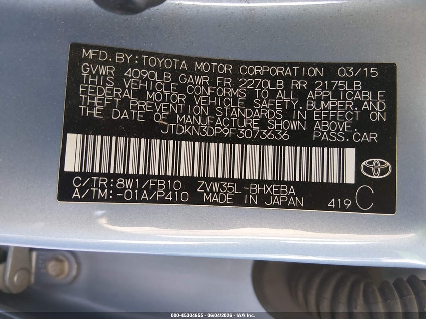 2015 Toyota Prius Plug-In VIN: JTDKN3DP9F3073636 Lot: 45304655