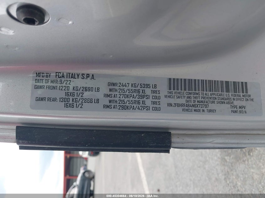 2022 Ram Promaster City Cargo Van VIN: ZFBHRFAB4N6X73797 Lot: 45304664