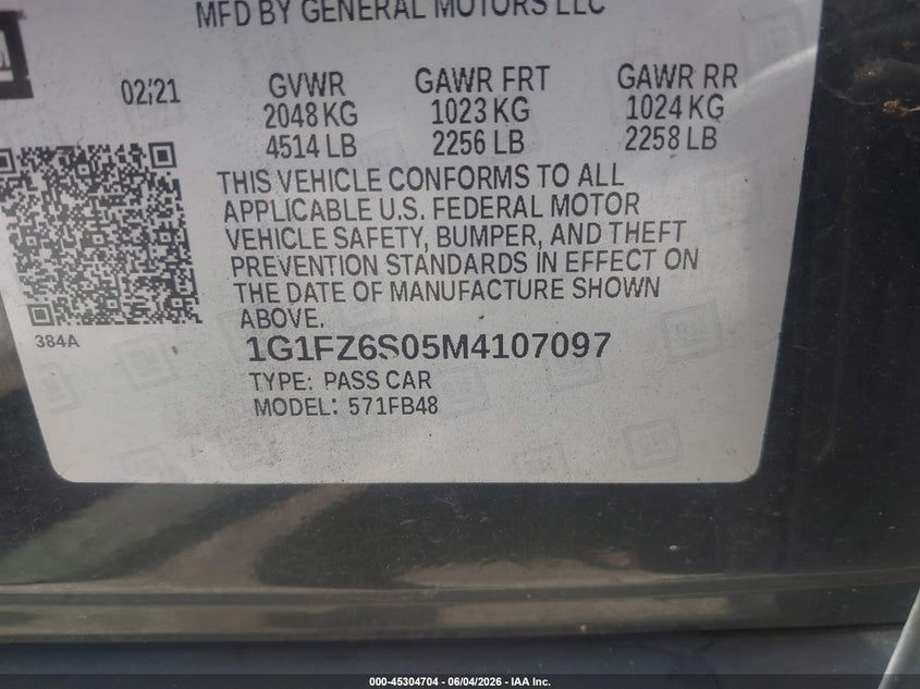 2021 Chevrolet Bolt Ev Fwd Premier VIN: 1G1FZ6S05M4107097 Lot: 45304704