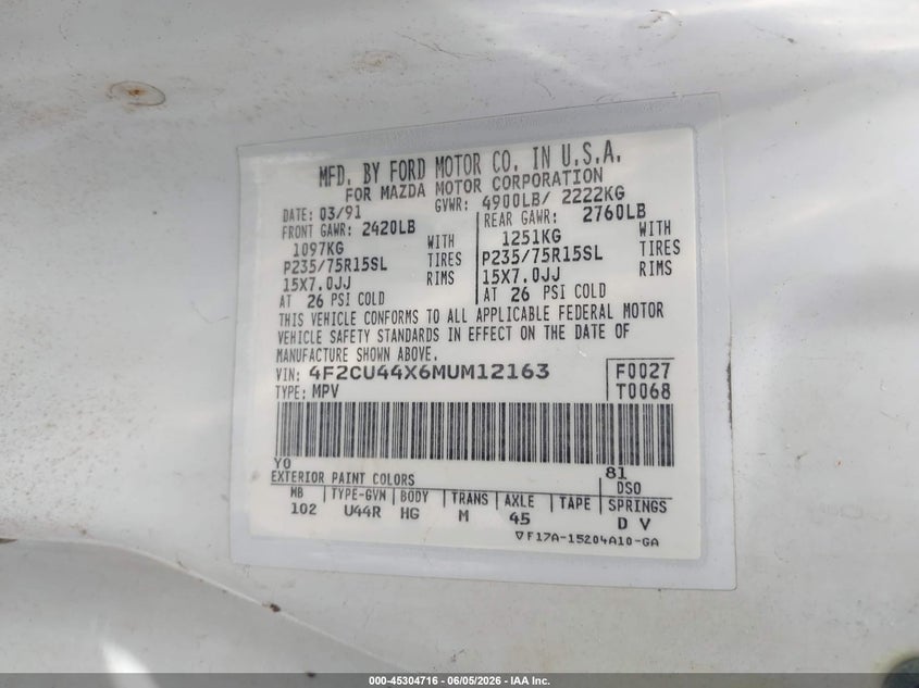 1991 Mazda Navajo Lx VIN: 4F2CU44X6MUM12163 Lot: 45304716