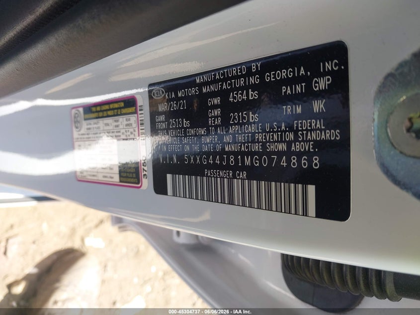 2021 KIA K5 2.5L I-4 DI, DOHC, V(VIN: 5XXG44J81MG074868