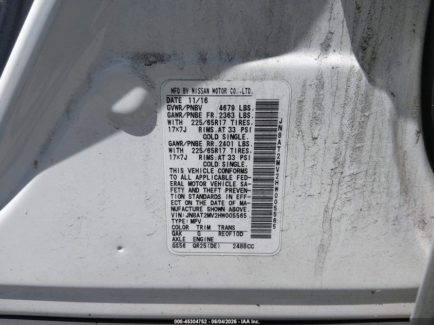 2017 Nissan Rogue S VIN: JN8AT2MV2HW005565 Lot: 45304752