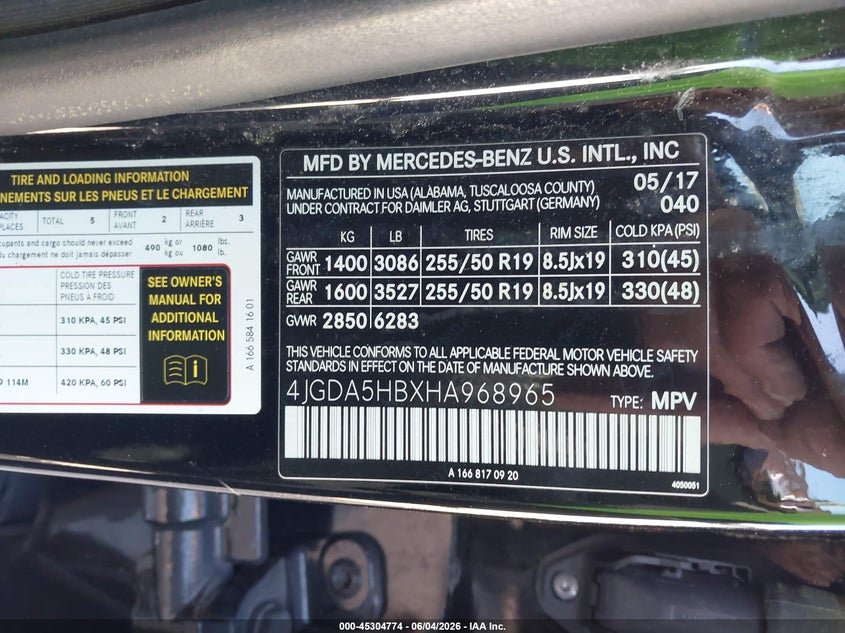 2017 Mercedes-Benz Gle 350 4Matic VIN: 4JGDA5HBXHA968965 Lot: 45304774