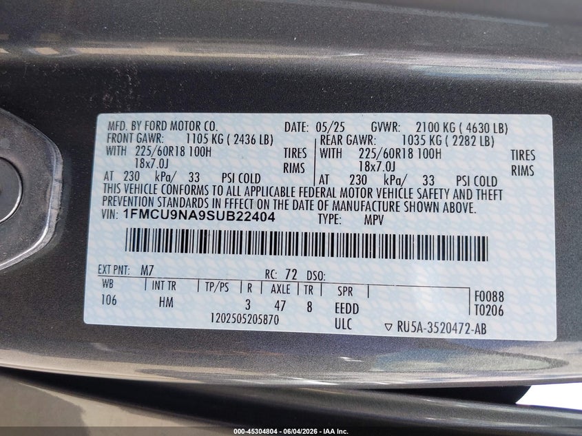 2025 Ford Escape St-Line Select VIN: 1FMCU9NA9SUB22404 Lot: 45304804