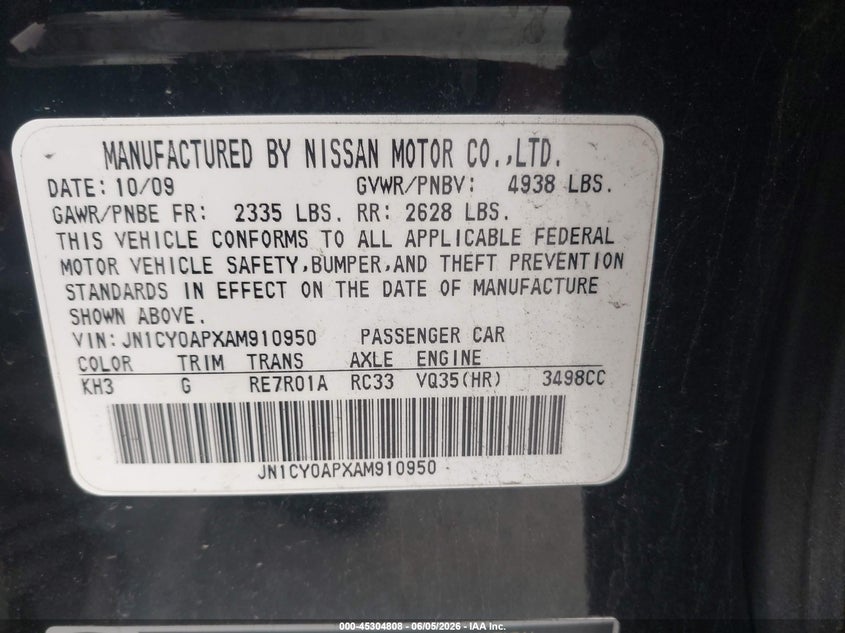 2010 Infiniti M35 VIN: JN1CY0APXAM910950 Lot: 45304808