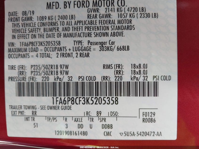 VIN 1FA6P8CF3K5205358 2019 FORD MUSTANG GT PREMIUM