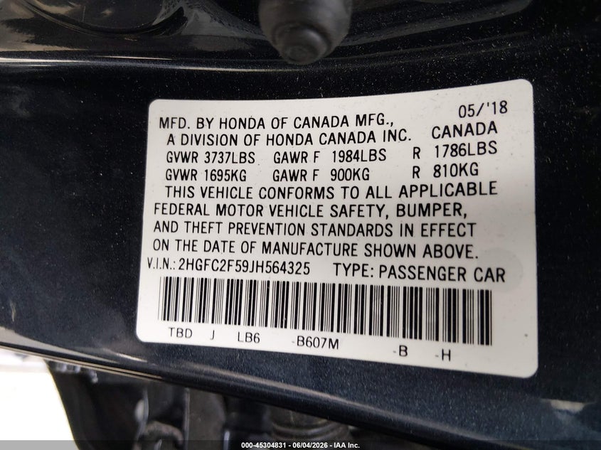 2018 Honda Civic Lx VIN: 2HGFC2F59JH564325 Lot: 45304831