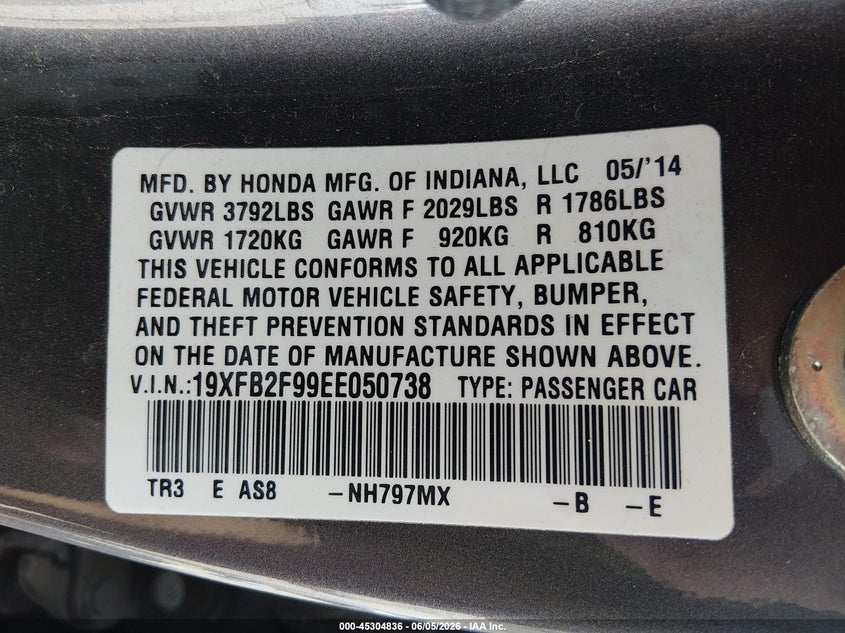 2014 Honda Civic 1.8 Ex-L grey Lot 111045304836 Vin 19XFB2F99EE050738