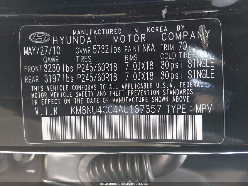 2010 Hyundai Veracruz Limited VIN: KM8NU4CC4AU137357 Lot: 45304858