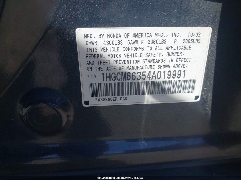 2004 Honda Accord 3.0 Lx VIN: 1HGCM66354A019991 Lot: 45304860