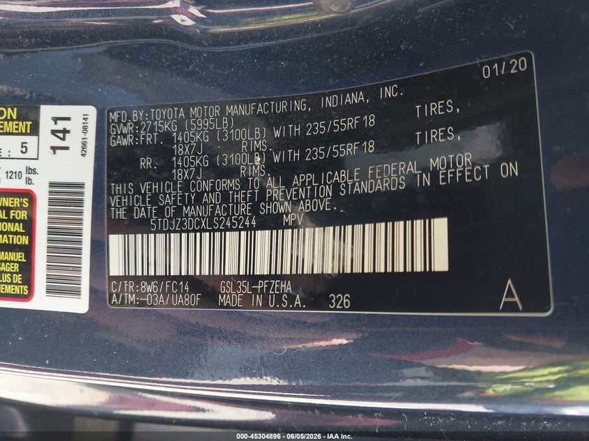2020 Toyota Sienna Le VIN: 5TDJZ3DCXLS245244 Lot: 45304896