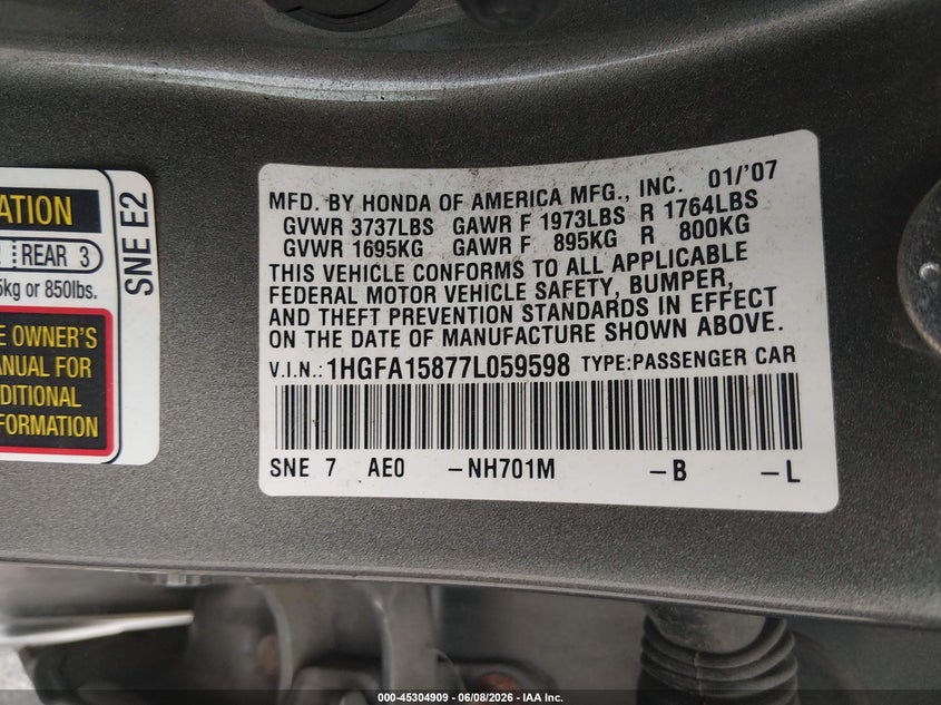 HONDA CIVIC 2007 VIN 1HGFA15877L059598