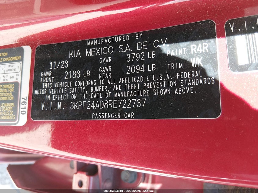 2024 KIA FORTE 2.0L I-4 DOHC, VVT, (VIN: 3KPF24AD8RE722737