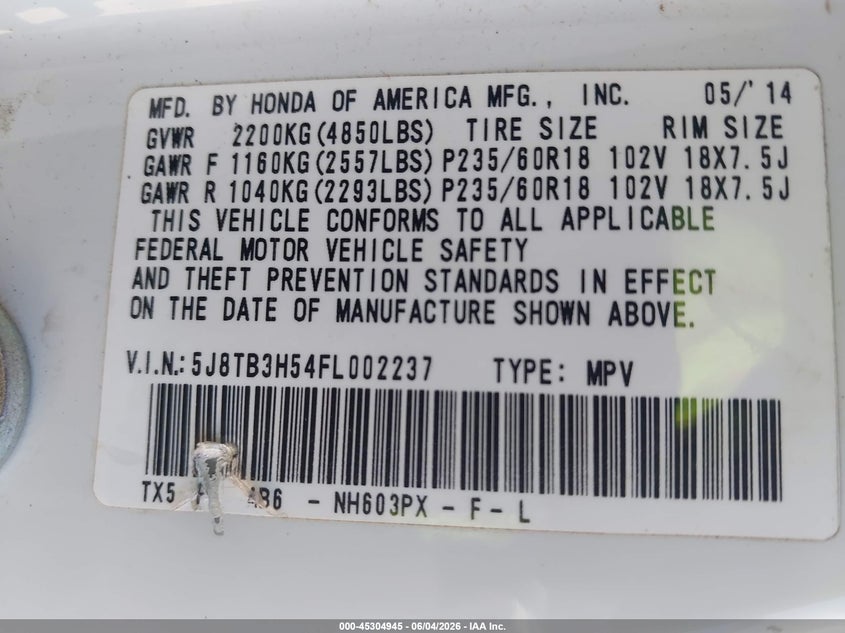 2015 Acura Rdx VIN: 5J8TB3H54FL002237 Lot: 45304945