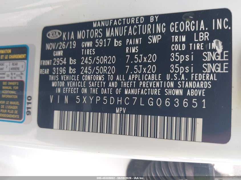 2020 Kia Telluride Sx VIN: 5XYP5DHC7LG063651 Lot: 45305002