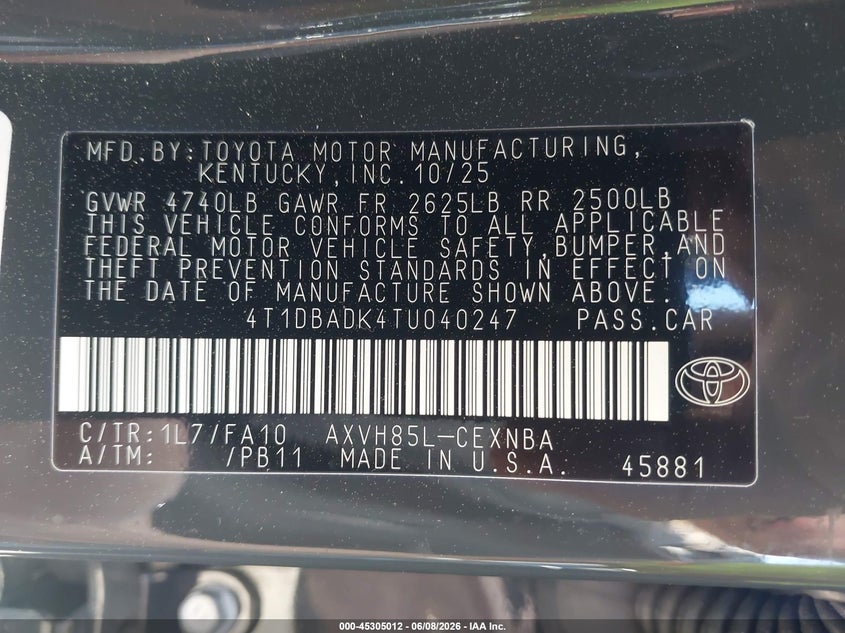 2026 TOYOTA CAMRY 2.5L I-4 DI, DOHC, V(VIN: 4T1DBADK4TU040247