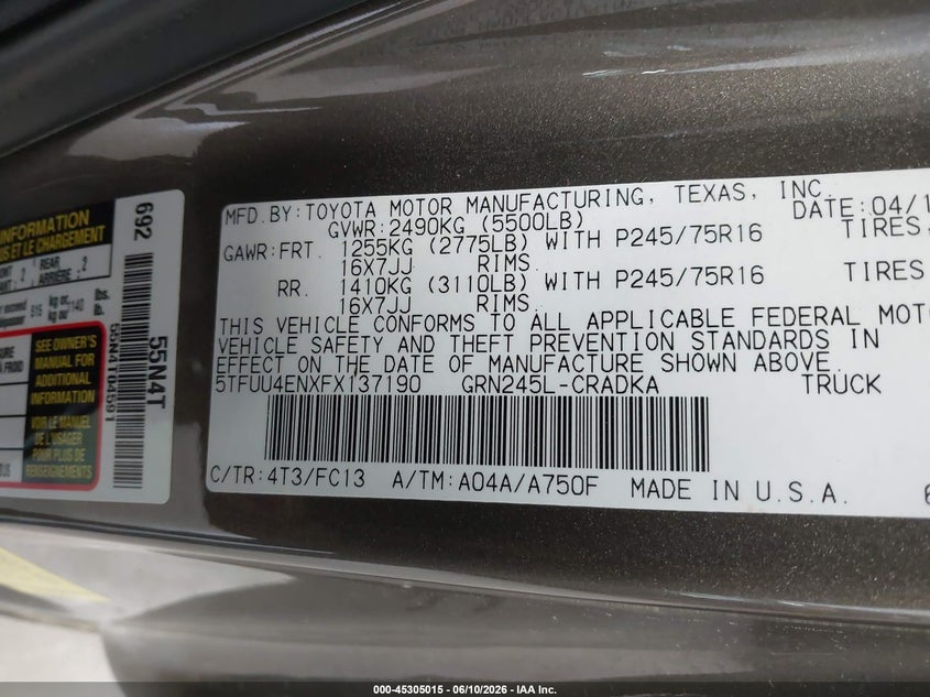 2015 Toyota Tacoma Base V6 VIN: 5TFUU4ENXFX137190 Lot: 45305015