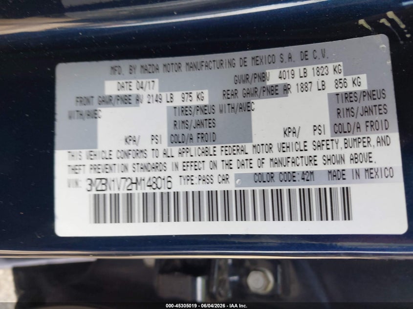 2017 Mazda Mazda3 Touring VIN: 3MZBN1V72HM148016 Lot: 45305019