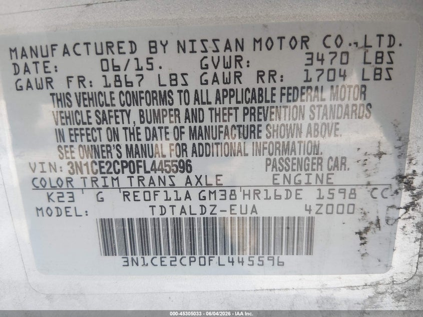 2015 Nissan Versa Note Sv VIN: 3N1CE2CP0FL445596 Lot: 45305033
