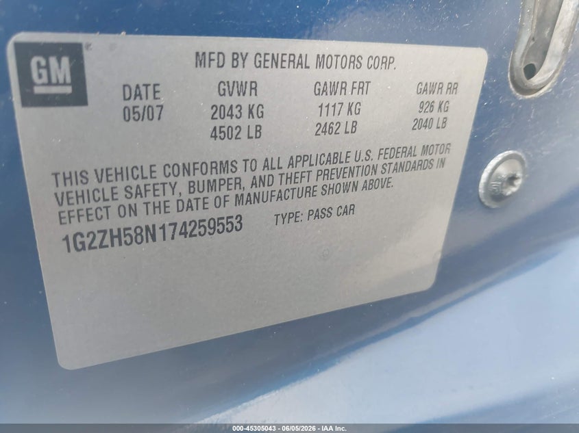 2007 Pontiac G6 Gt VIN: 1G2ZH58N174259553 Lot: 45305043