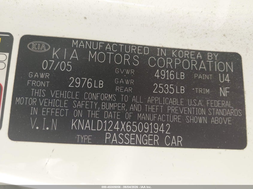 2006 Kia Amanti VIN: KNALD124X65091942 Lot: 45305056