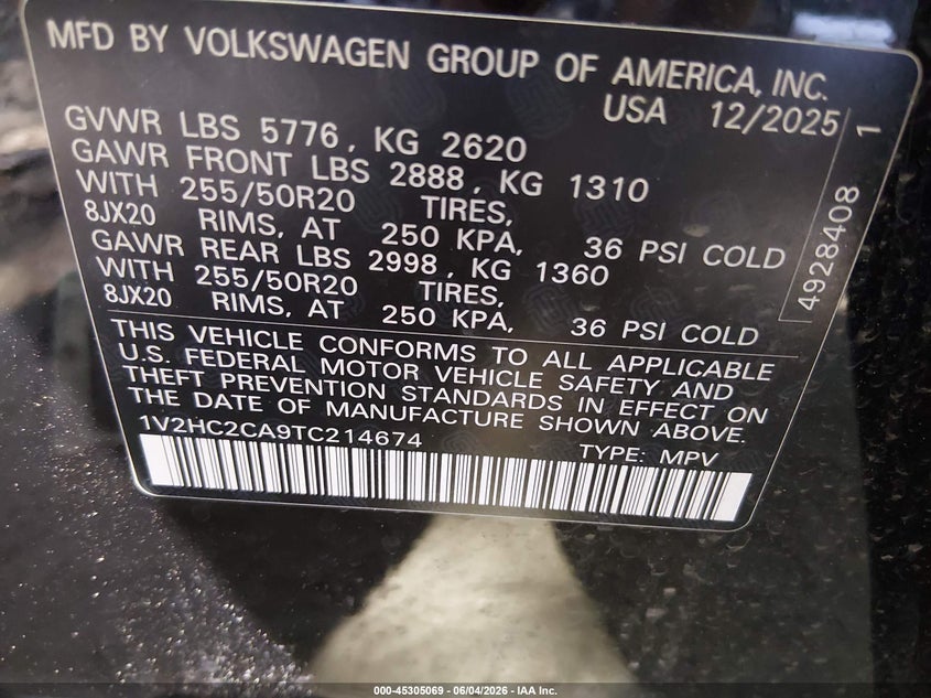 2026 Volkswagen Atlas Cross Sport Se With Technology VIN: 1V2HC2CA9TC214674 Lot: 45305069