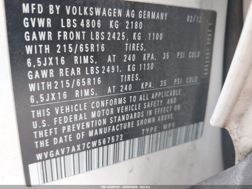2012 Volkswagen Tiguan S VIN: WVGAV7AX7CW567572 Lot: 45305167