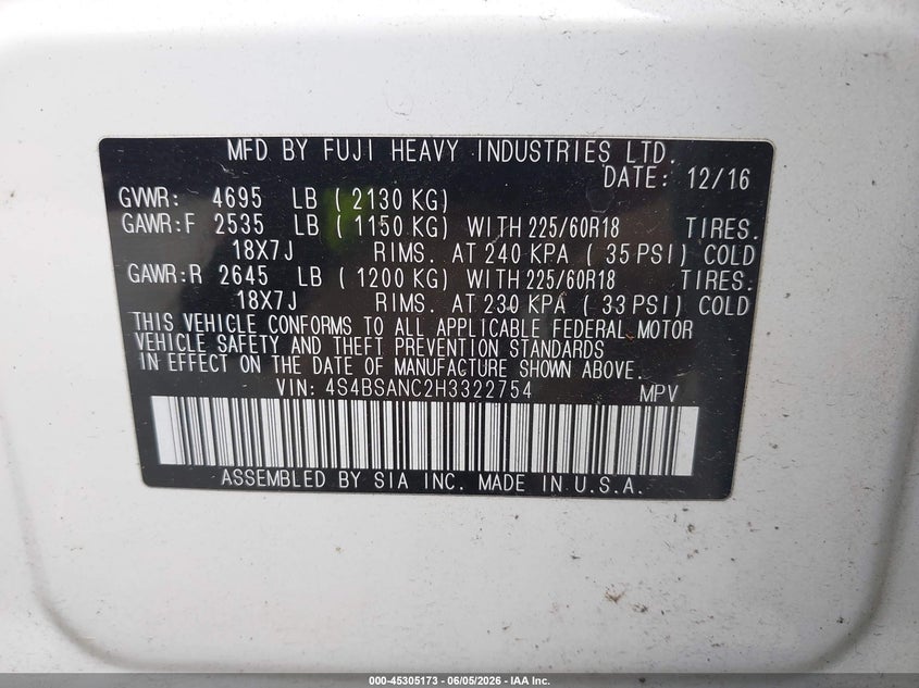 4S4BSANC2H3322754 2017 Subaru Outback 2.5 white