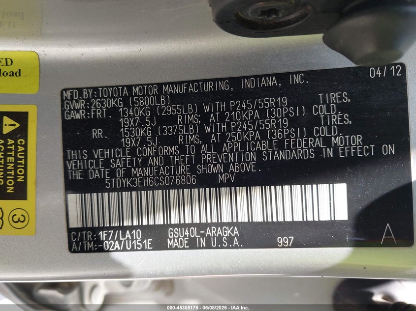 2012 Toyota Highlander 3.5 Limited V6 silver Lot 111045305175 Vin 5TDYK3EH6CS076806