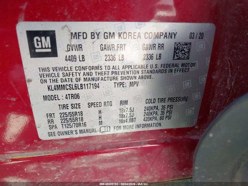 2020 Buick Encore Gx Awd Preferred VIN: KL4MMCSL6LB117194 Lot: 45305193