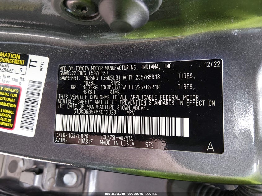 2023 Toyota Highlander Xle VIN: 5TDKDRBH4PS013328 Lot: 45305239