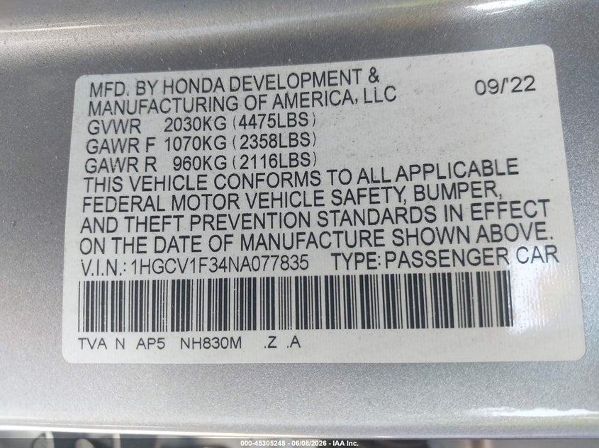 2022 HONDA ACCORD SPORT — Photo 9