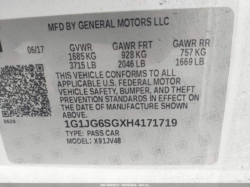 2017 Chevrolet Sonic Lt Auto VIN: 1G1JG6SGXH4171719 Lot: 45305274