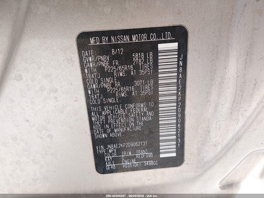 2013 Nissan Quest Sv VIN: JN8AE2KP2D9062131 Lot: 45305287