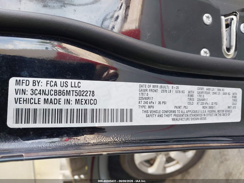 2021 JEEP COMPASS SPORT UTILITY VEHICLE 2.4L I-4 VVT, 180HP