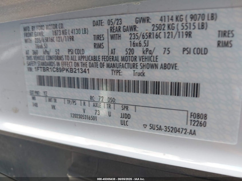 2023 FORD TRANSIT-250 3.5L V-6 DI, DOHC, V(VIN: 1FTBR1C89PKB21341